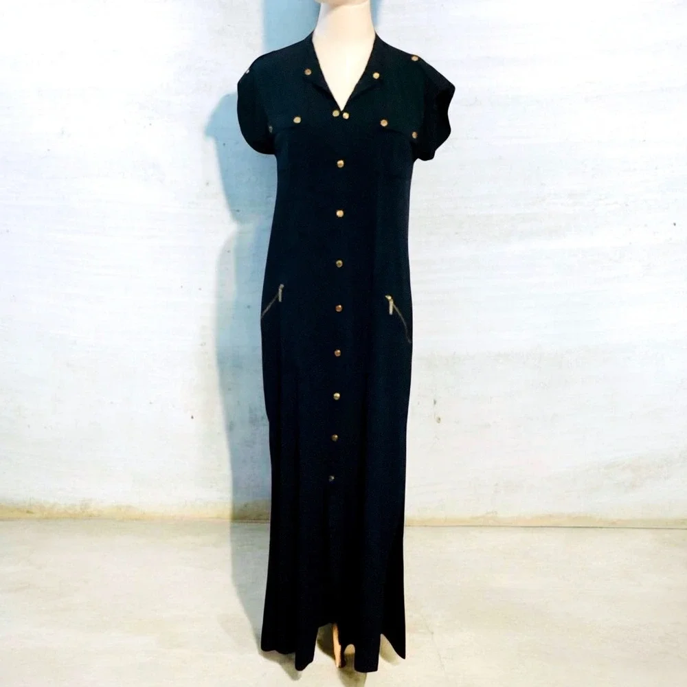 Michael Kors Navy Blue Maxi Shirt Dress Gold Hardware Slit Short Sleeve M